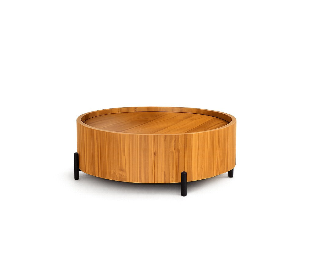 BARREL COFFEE TABLE IN TEAK & METAL LEGS