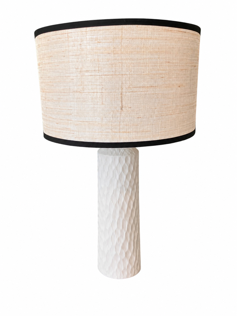 CERA TABLE LAMP IN WHITE CERAMIC AND JUTE SHADE WITH BLACK RIMBLACK RIM