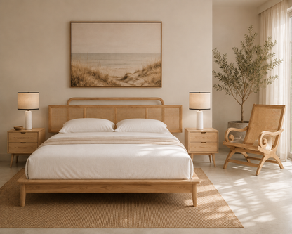 CALAMUS BED IN TEAK FRAME WITH RATTAN HEADBOARD
