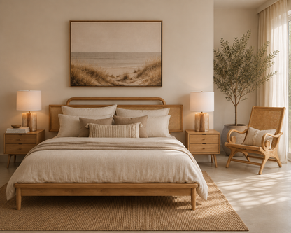 CALAMUS BED IN TEAK FRAME WITH RATTAN HEADBOARD