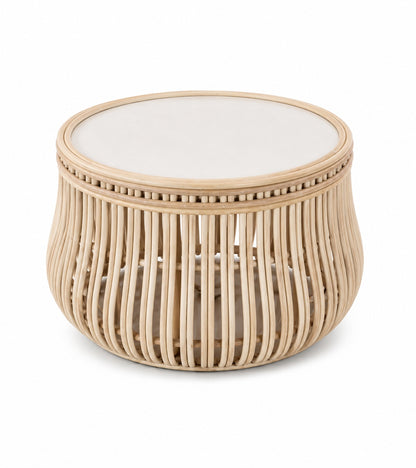 RUFFLE COFFEE TABLE IN NATURAL RATTAN & QUARTZ TOP
